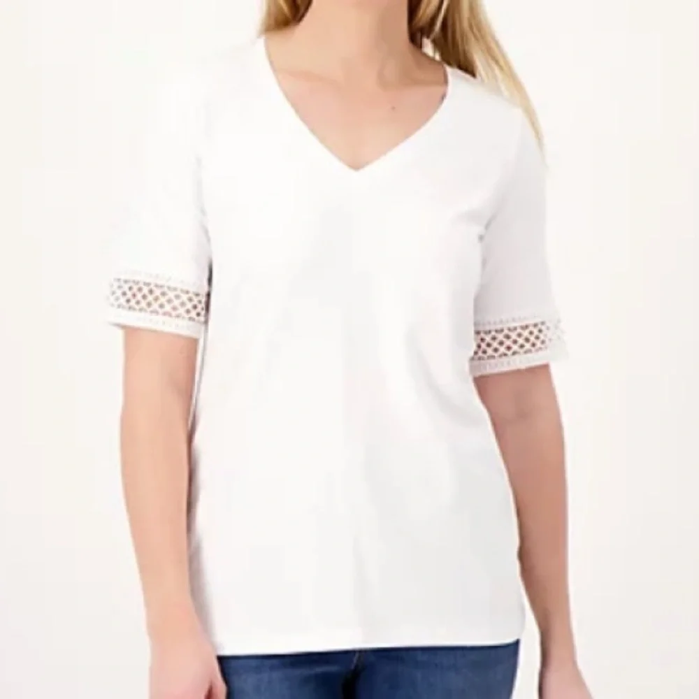 Susan Graver Weekend Cotton Modal Elbow Sleeve Top with Crochet Trim ~ White - Picture 7 of 7